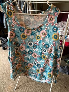 JoySpun Teal Floral Scoop Neck Tank